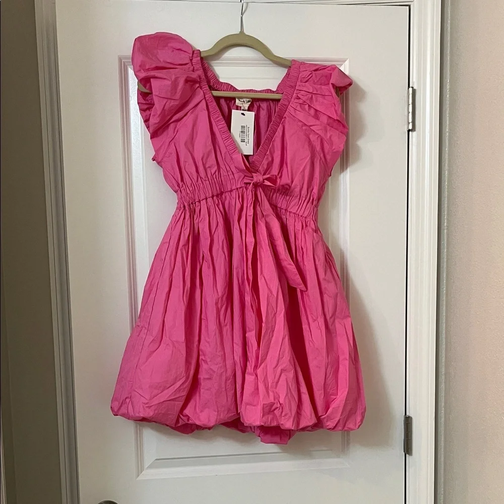 Peach Love California Bubble Hem Hot Pink Ruffle Tie-Front Mini Dress - Picture 1 of 12